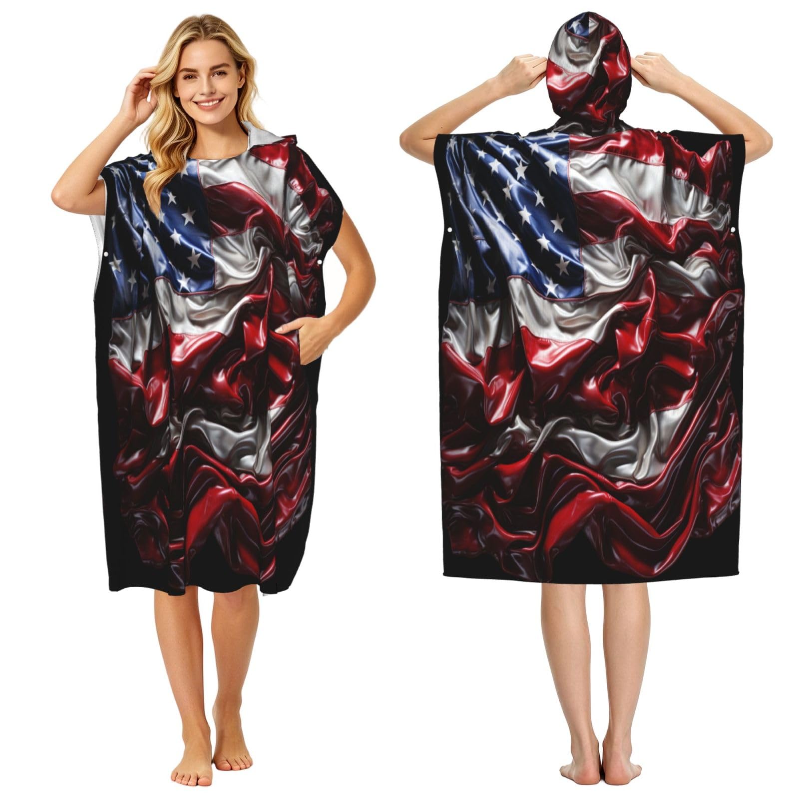 KLGRTJHK United States Flag Adult Hooded Beach Poncho Towel 43"X35"