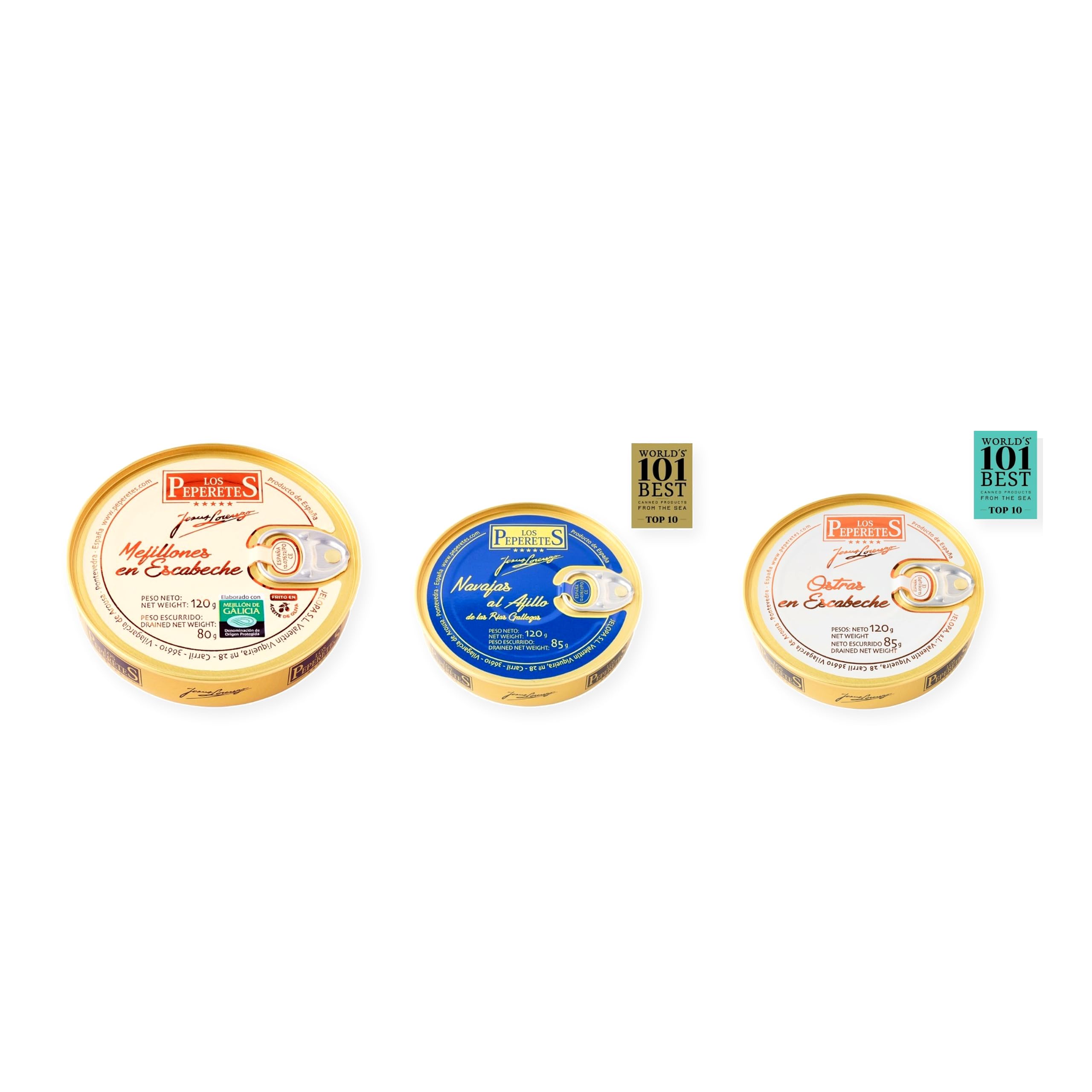 los peperetes conservas Mejillones Escabeche 10-12, Navajas Ajillo y Ostras Escabeche pack 3 latas