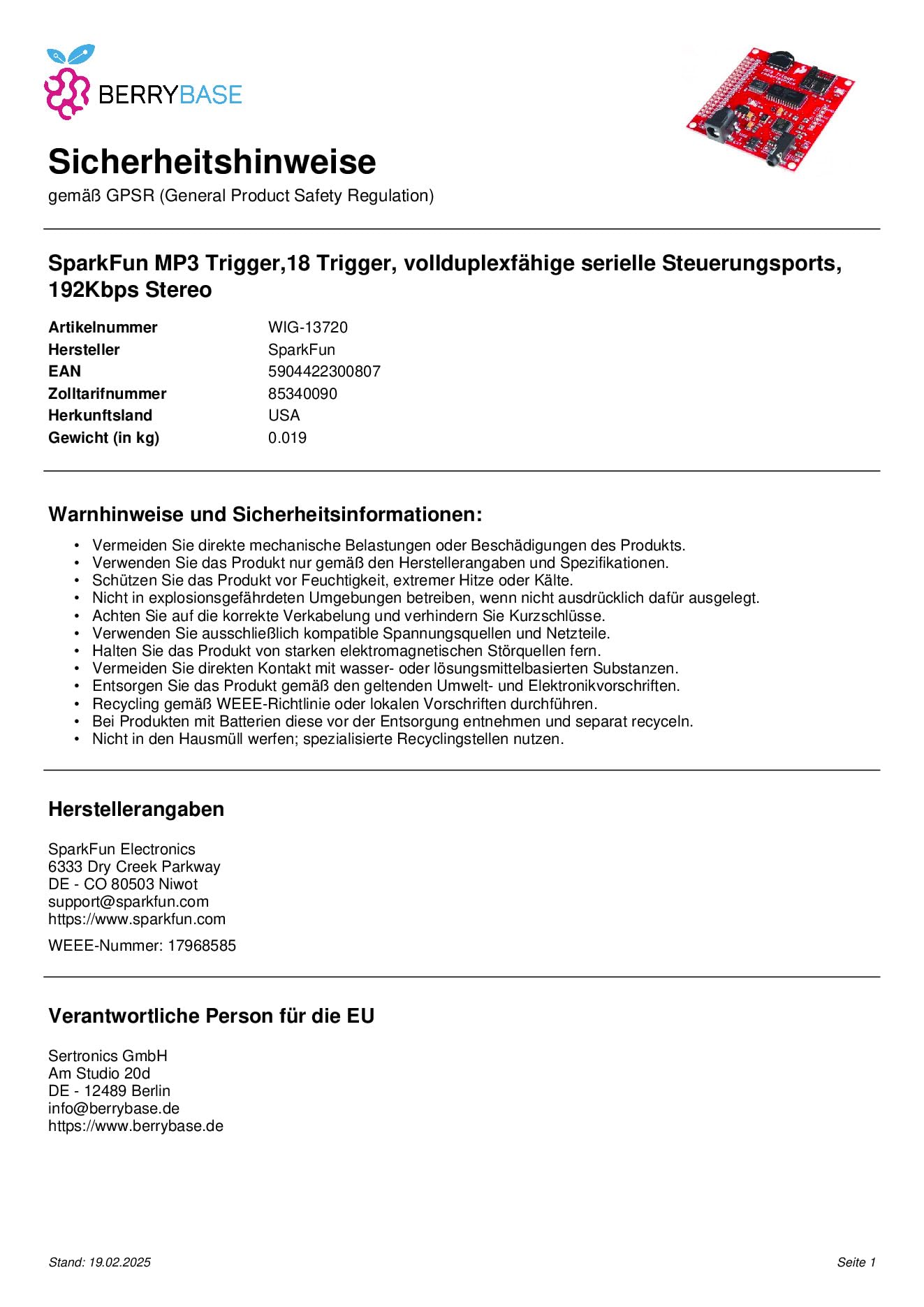 SparkFun MP3 Trigger, Einplatinencomputer mit vollduplexfähiger serieller Steuerung, 192Kbps Stereo