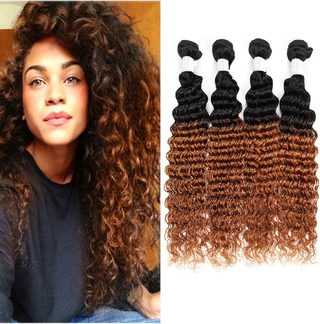 Fengde Hair 7A Ombre Brazilian Deep Wave Virgin Hair 4 Bundles 100% Unprocessed Human Hair Extensions(20202020,1B/30)