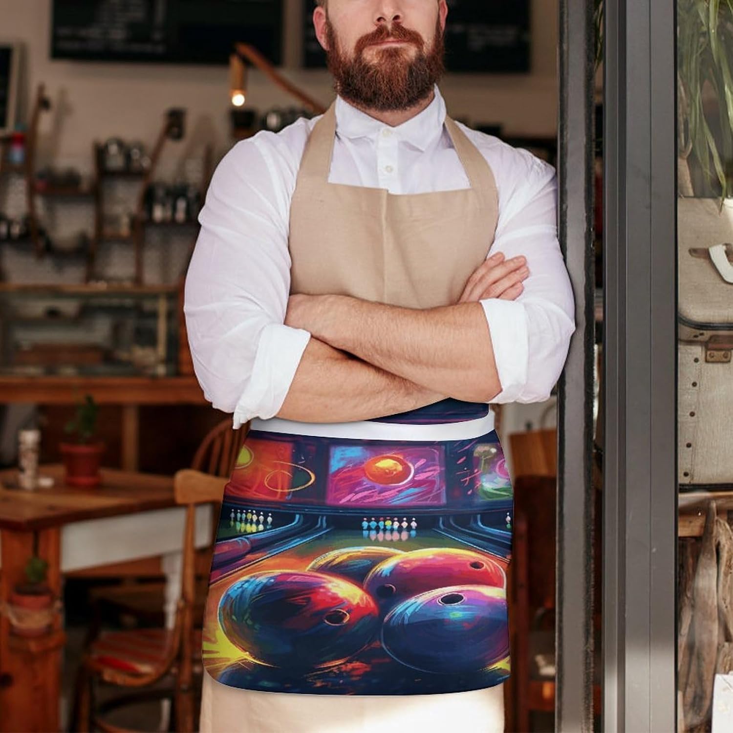 Bowling Balls Server Aprons for Women And Men Waterproof Half Apron with 3 Pockets Deluxe Oxford Fabric Waist Aprons Adjustable Chef Apron for Kitchen Bar Home