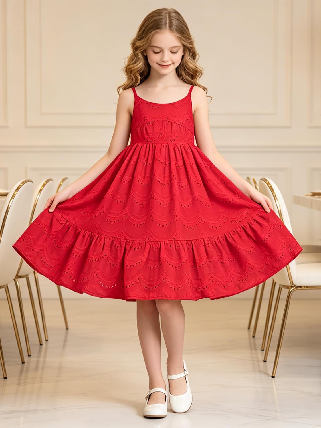 Girls Dresses Eyelet Lace Dress Spaghetti Strap Sundress Ruffle Casual Party Dress for Toddler 4-10Y