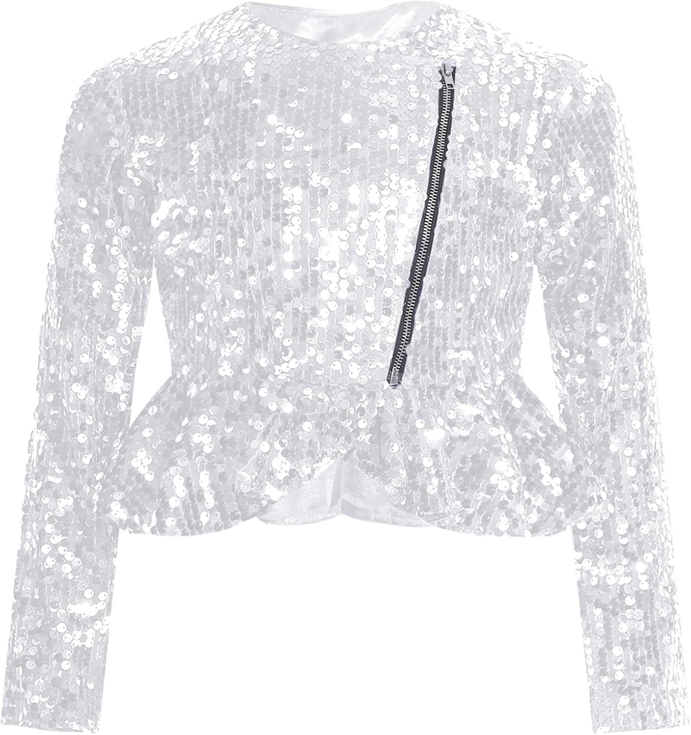 Hularka Girls Sequins Cropped Jacket Sparkly Dance Party Tween Glitter Double Zip Up Ruffled Dress Coat
