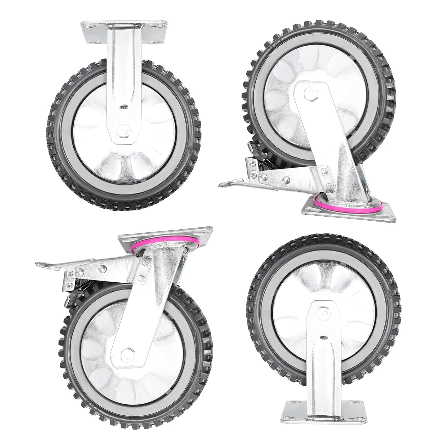 4pcs Heavy Duty Caster Wheels with Brakes, 8 Inch Caster Wheels (2 Swivel & 2 Fixed) 1322.7 LBS Capacity - Dual Bearing PVC Non-Slip Swivel Casters for Carts, Workbenches, Grey