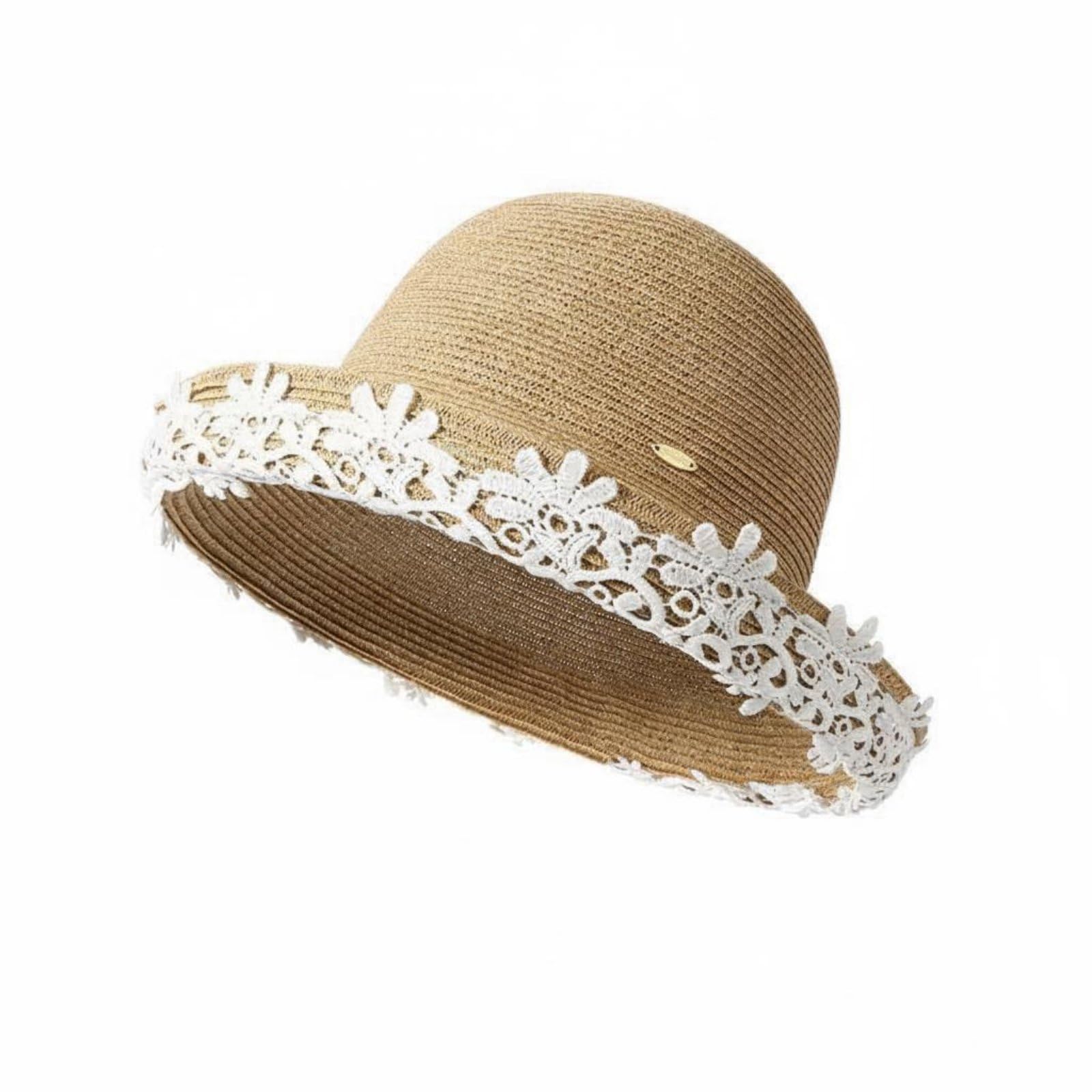 ZOOMELLA Flower Straw Hat Face Cover Wide Brim Straw Hat Vacation Design for Women, Khaki-White-image-1