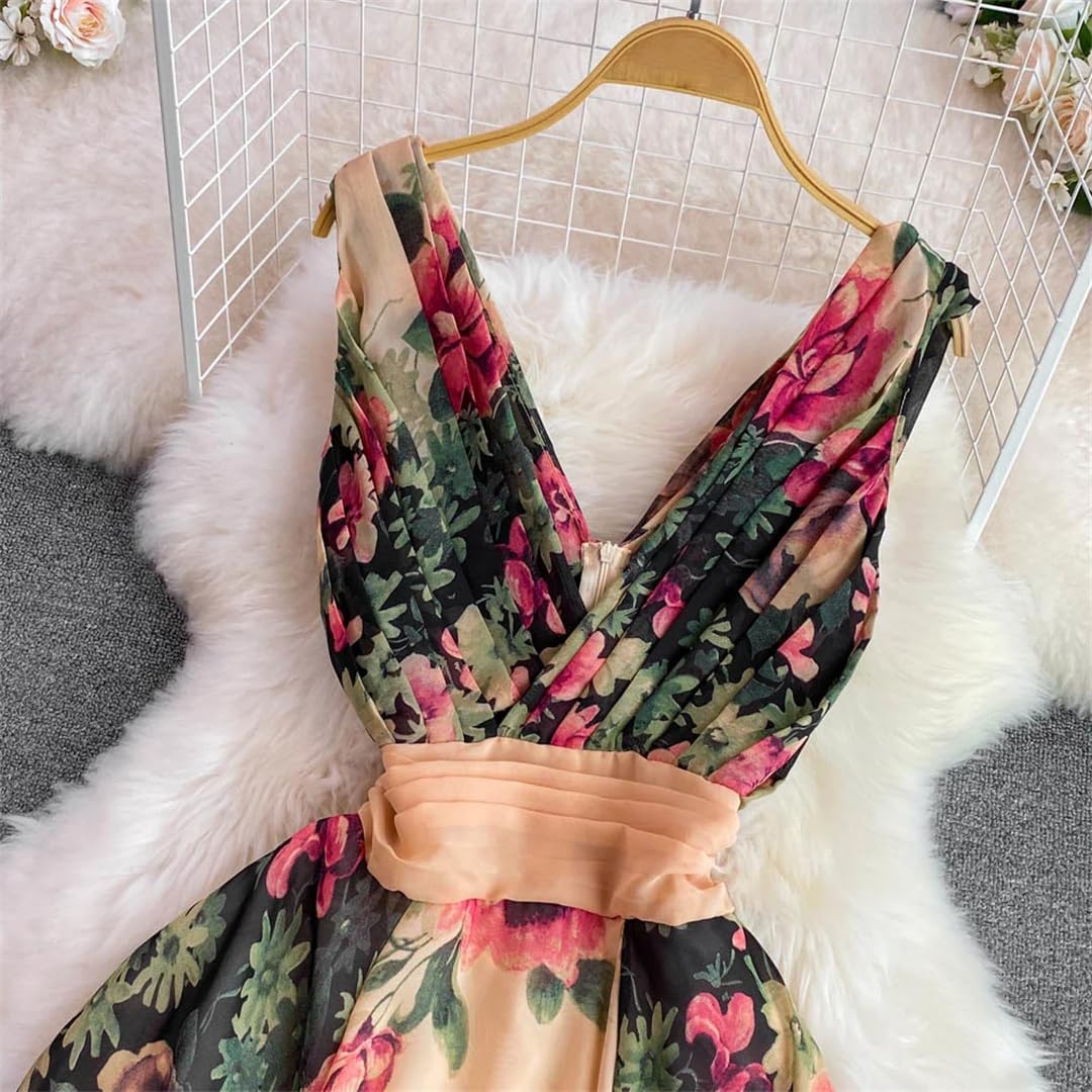 Vestido largo midi con estampado floral para mujer, sin mangas, de gasa, vestido vintage con cuello en V