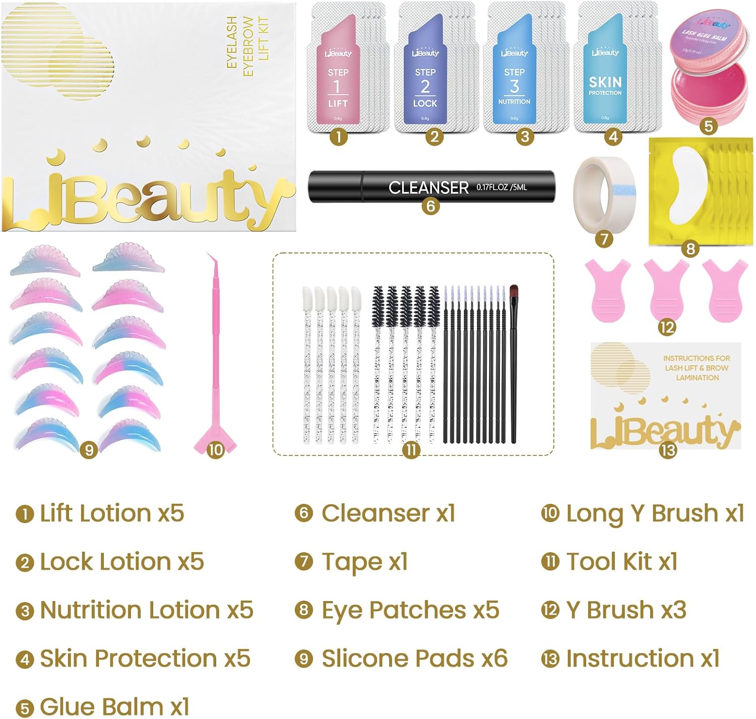 Libeauty Lash Lift Kit - Professional Korean Eyelash Perm Kit with Strong Adhesive Glue Balm, DIY Brow Lamination Kit, Complete Kit for Home Use, 5 Individual Applications, Sachet Packaging