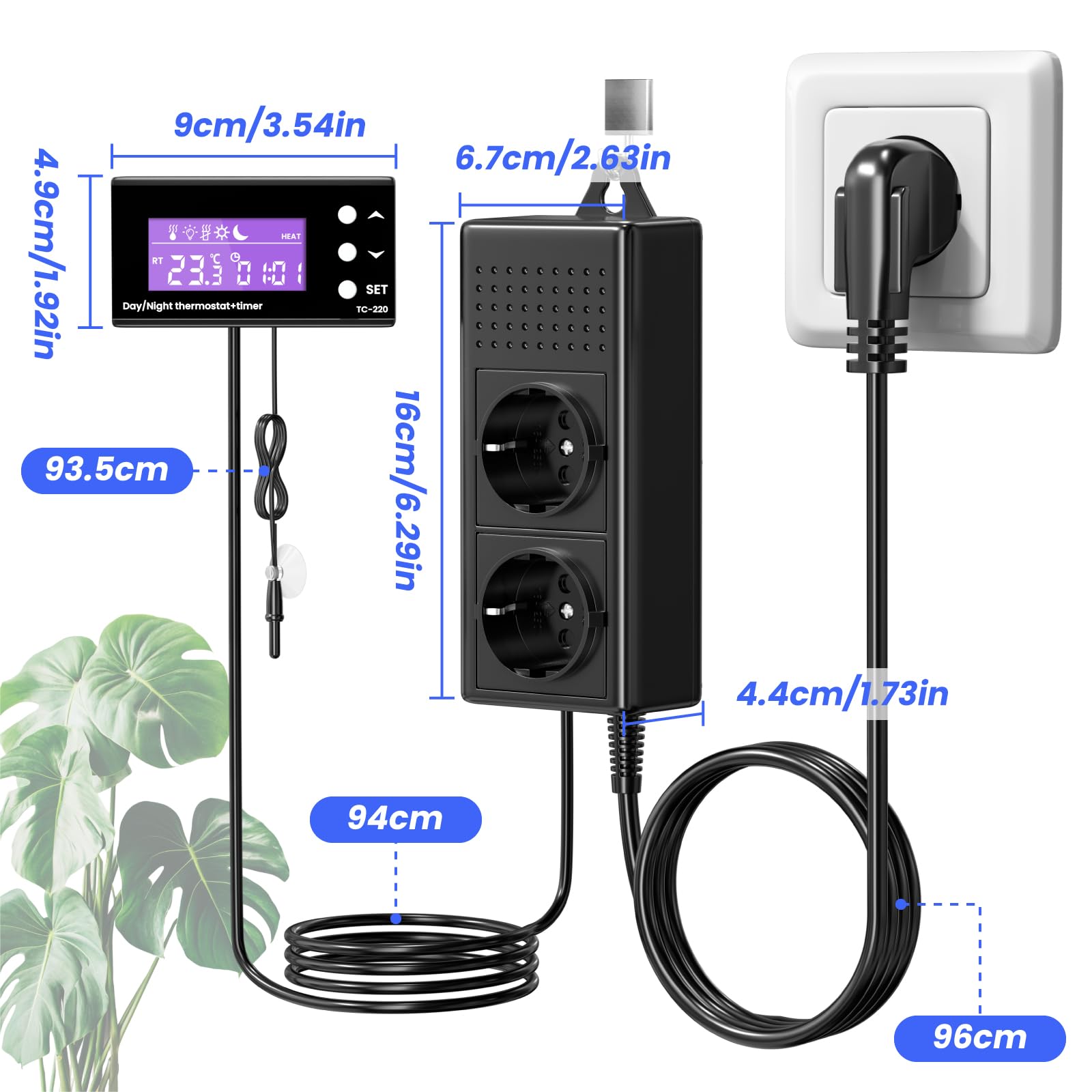 GlowUp 220V Reptilien Digital Thermostat Temperaturregler mit Heizung oder Kühlung, Tag Nacht Timer Stecker Steckdose Temperaturregler für Inkubator Gewächshaus Brühlüfter Kühlschrank Aquarium