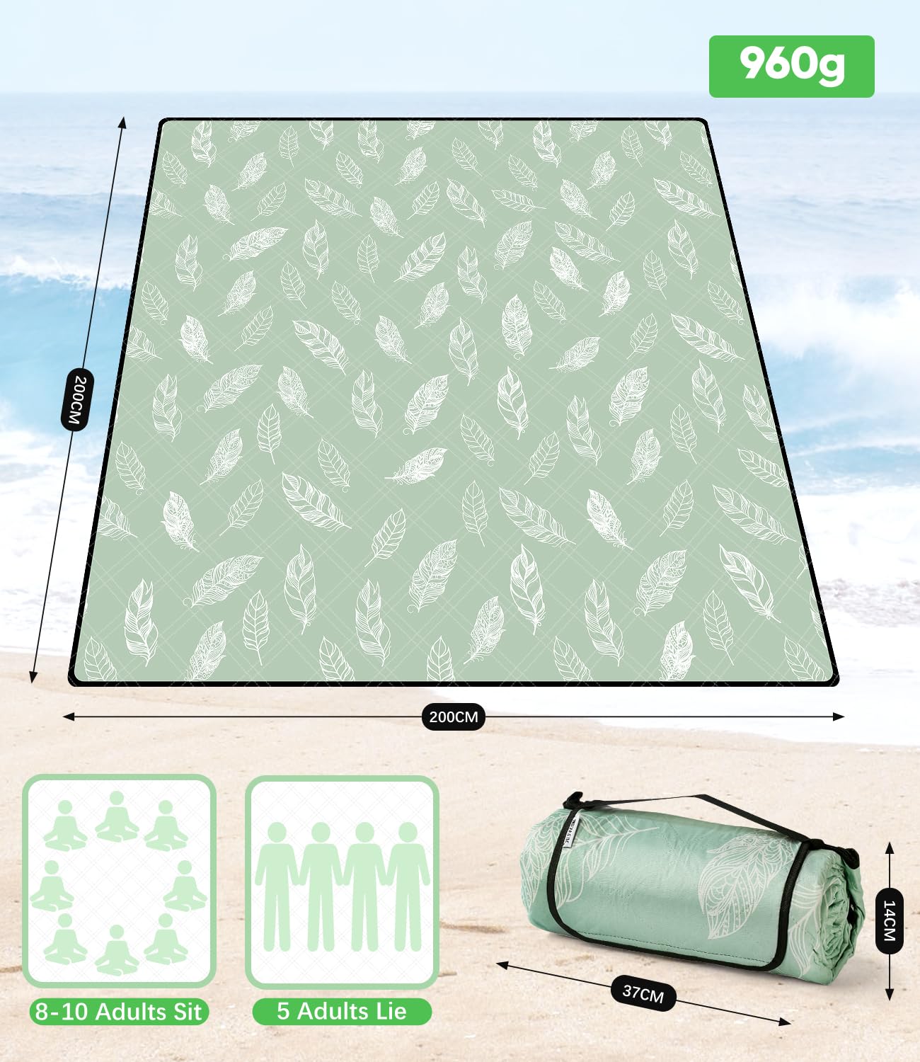 Coperta da Picnic Impermeabile Lavabile XXL 200x200 cm Verde