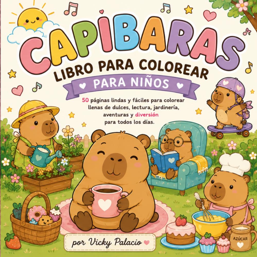 Capibaras Tiernos para Colorear: 50 Páginas Kawaii de Diversión, Dulces, Lectura, Jardinería y Aventuras Acogedoras