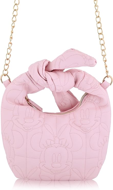 Disney Minnie Mouse Mini Hobo Handbag for Women | Small Quilted PU Shoulder Bag with Detachable Strap & Chain Detail | Minnie Purse, Crossbody Handbag, Lightweight Fashion Tote