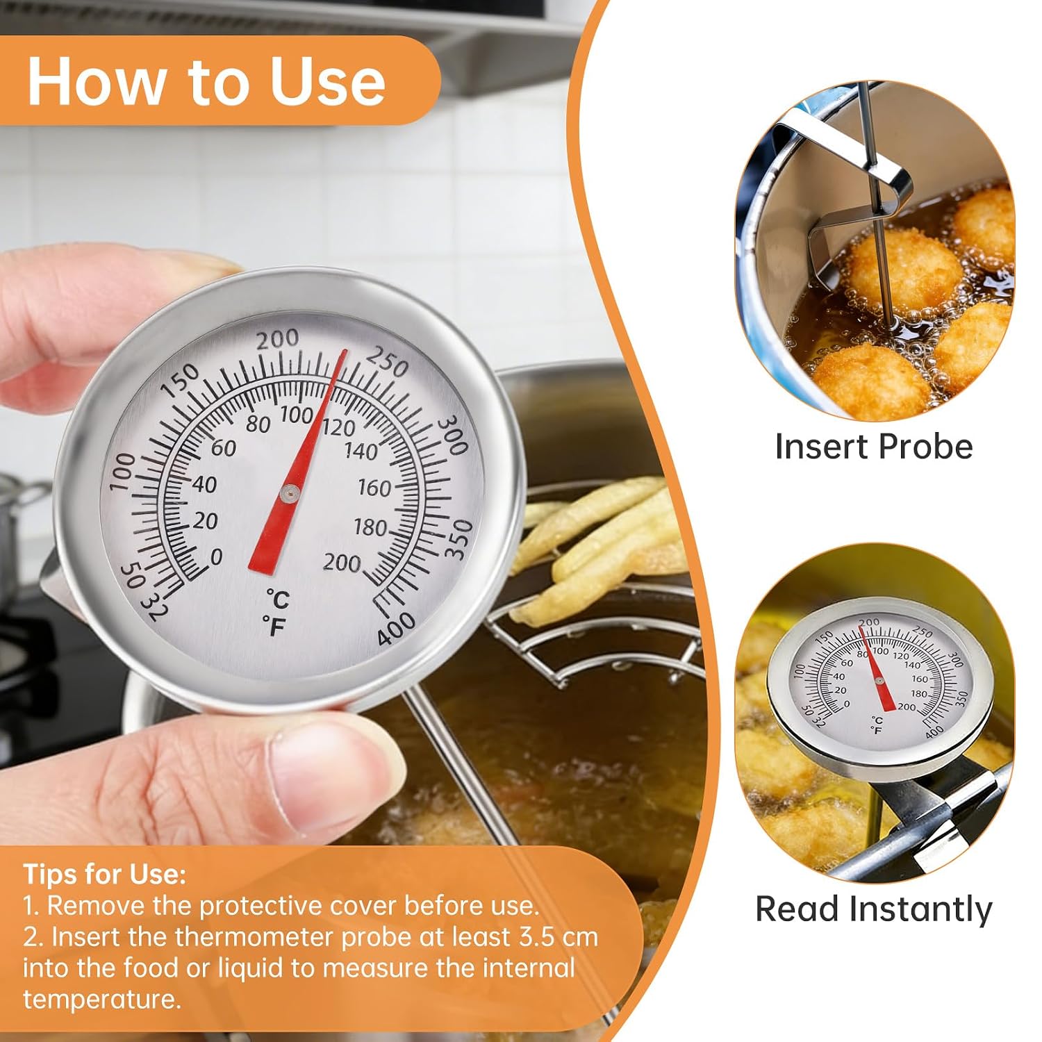 Candy/Deep Fry Thermometer with Pot Clip - 8" Stainless Steel Stem Meat Cooking Thermometer for Frying and Candle Making, Turkey, BBQ, Grill, Instant Read, Analog Display