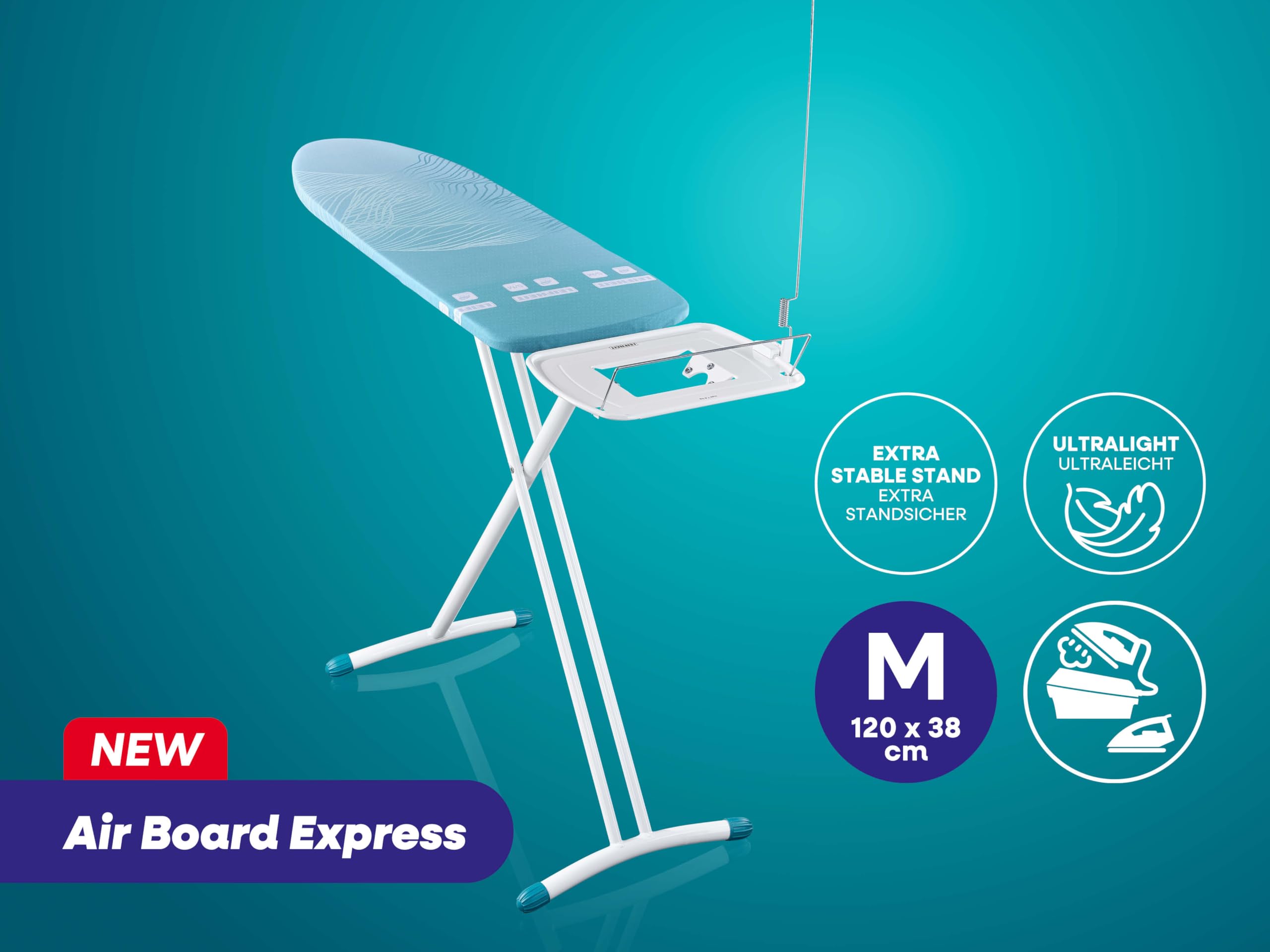 Leifheit Bügelbrett AirBoard Express M Solid, Bügeltisch, Fläche 120 x 38cm | Ultraleichtes Bügelbrett für Dampfstationen, perforierter Baumwollbezug, höhenverstellbar bis 100 cm, Kabelhalter, weiß/blau