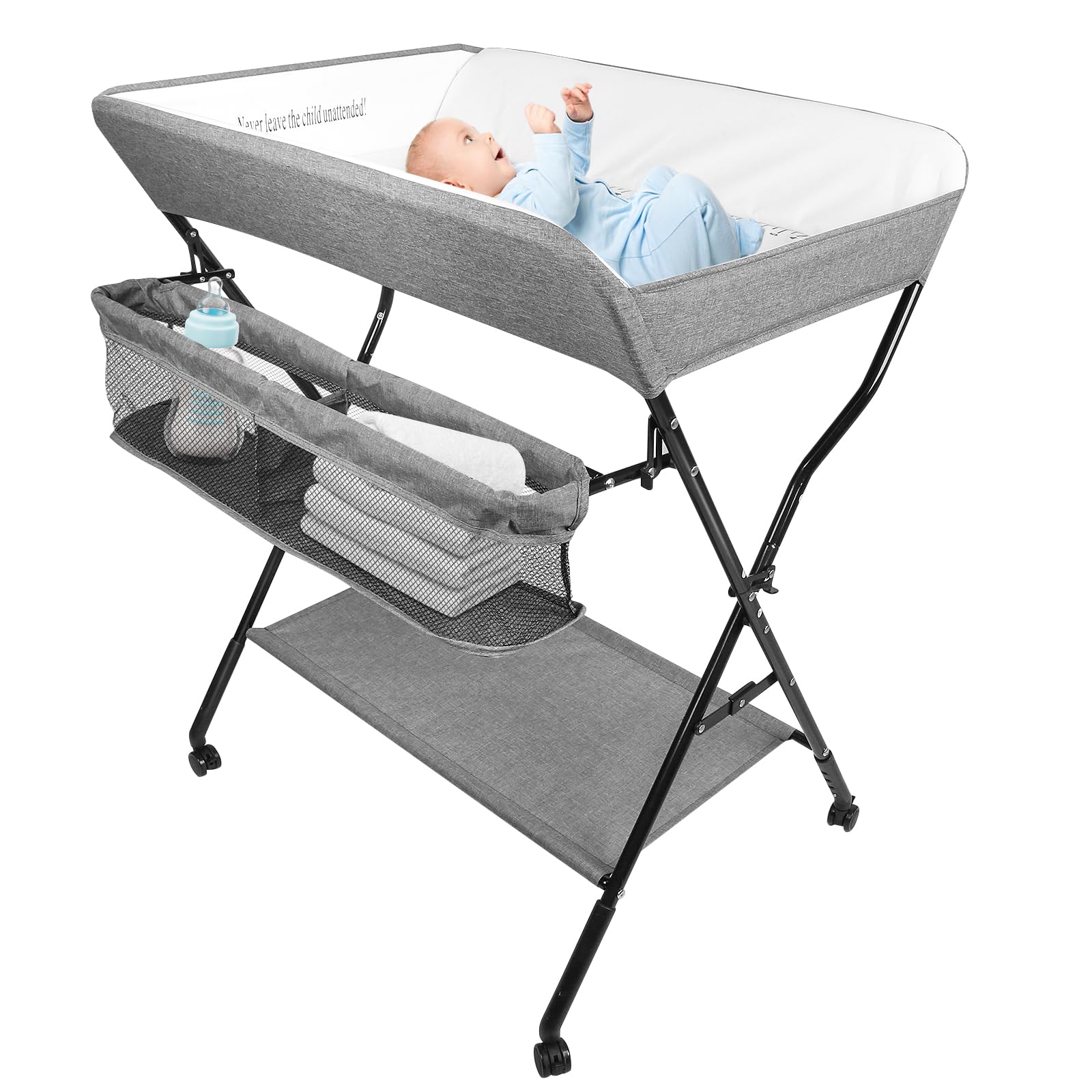 OHMG Cambiador plegable para bebé, cambiador con ruedas, cambiador móvil con cambiador, cinturón de seguridad y compartimentos de almacenamiento, resistente al agua y altura ajustable, estable