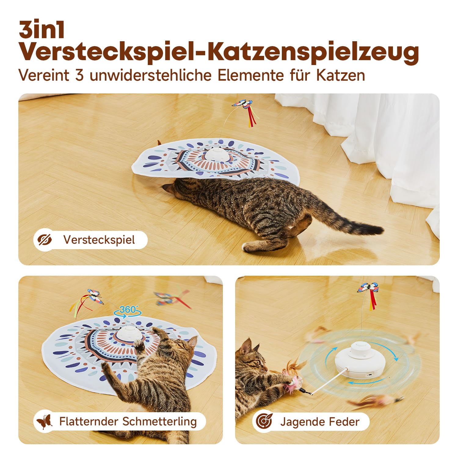 Potaroma Katzenspielzeug Selbstbeschäftigung, wiederaufladbar Elektrisch 3-in-1 Versteckspiel Kätzchen Interaktives Spielzeug für Indoor Cats, flatternder Schmetterling, bewegliche Feder Geräusch