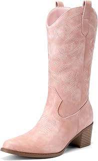 DREAM PAIRS Women's Western Mid Calf Boots Cowboy | Square Toe Chunky Embroidered Boots, Suitable for Music Festivals and Everyday Outfits, Slip on Fashion Booties