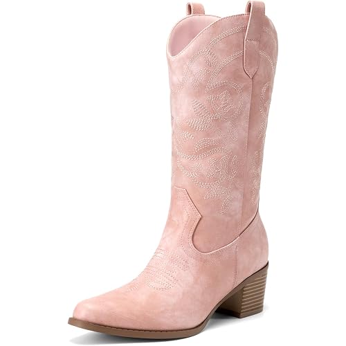 DREAM PAIRS Cowboy Boots for Women Cowgirl Western Boots Fashion Embroidery Stitched Chunky Heel Mid Calf Boots