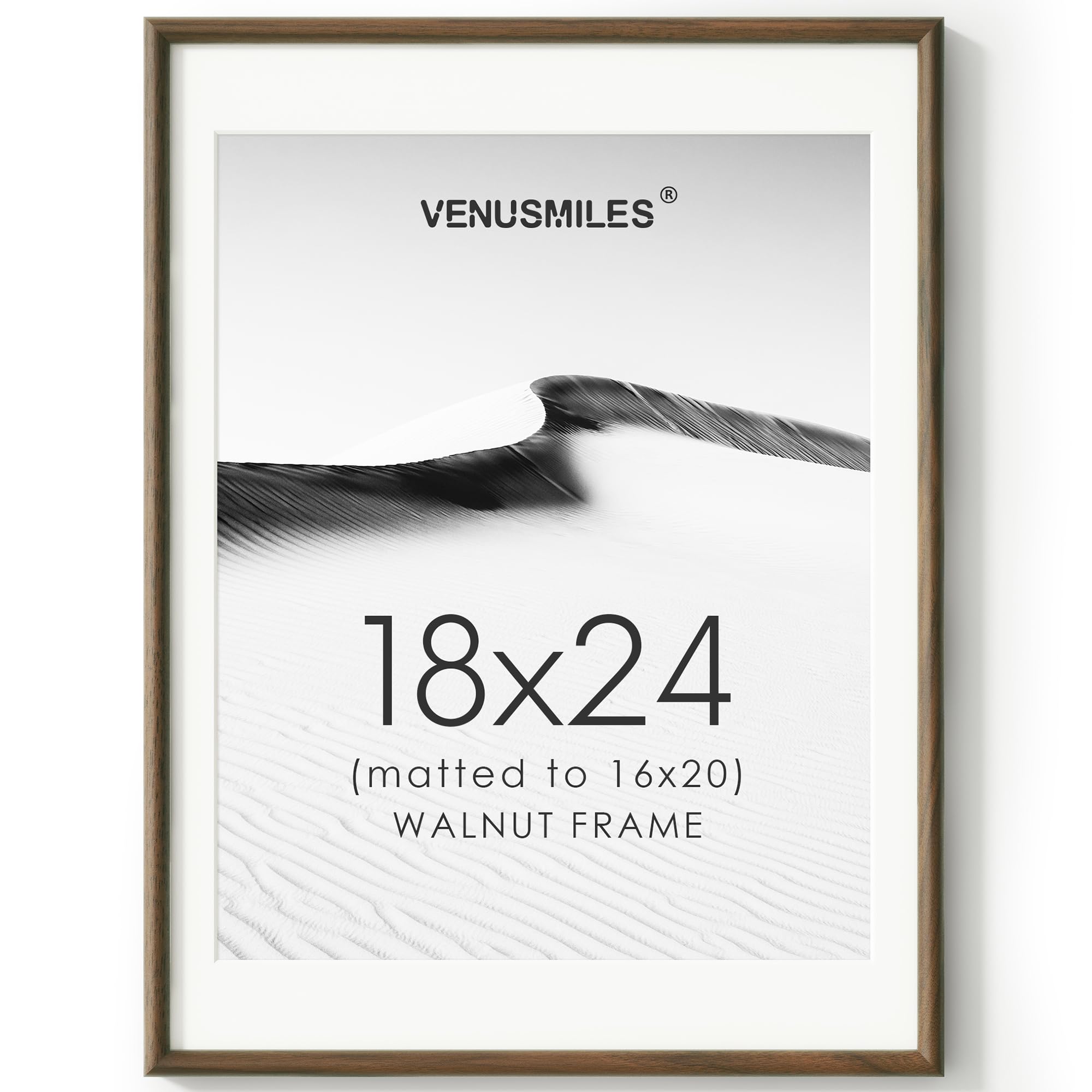 Venusmiles Portarretratos de 18 x 24 pulgadas con paspartú de 16 x 20 pulgadas, marco de fotos de madera de nogal natural procedente de Estados Unidos con vidrio templado HD, doble mortaja y tiras de