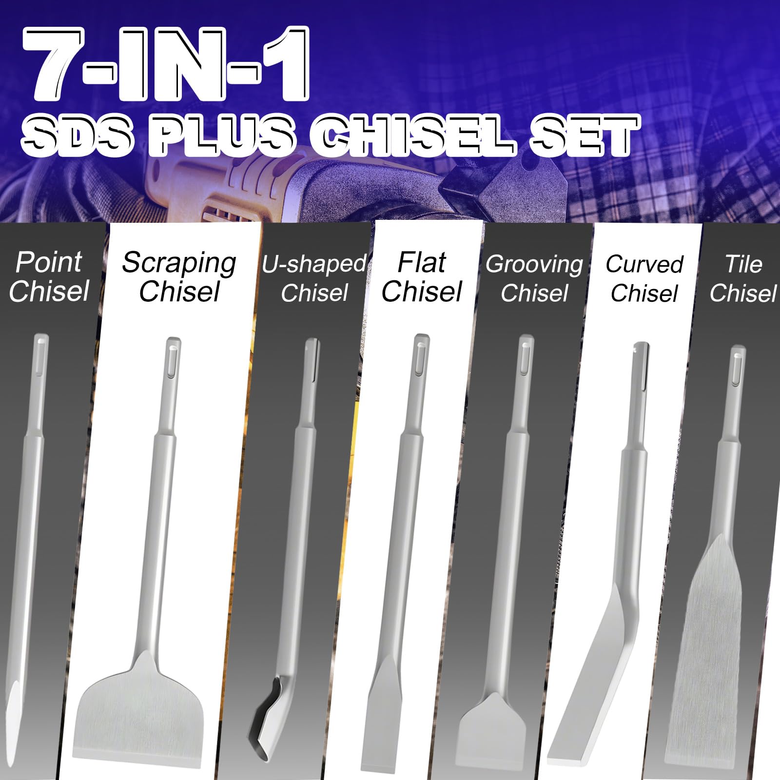 YOUNTHYE Set di 7 scalpelli SDS Plus, tra cui piastrelle, scanalatura, raschiatura, piatta, punta, scalatura e scalpelli angolati per martelli a percussione e rotativi