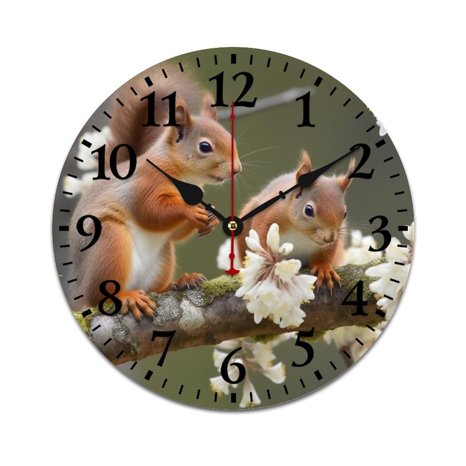 NTVOWPZO 10 Inch Wall Clock Wooden Squirrels Battery Operated Wall Clocks Silent Non-Ticking Square Wall Clock for Living Room Kitchen Home Office Wall Decorative Clocks