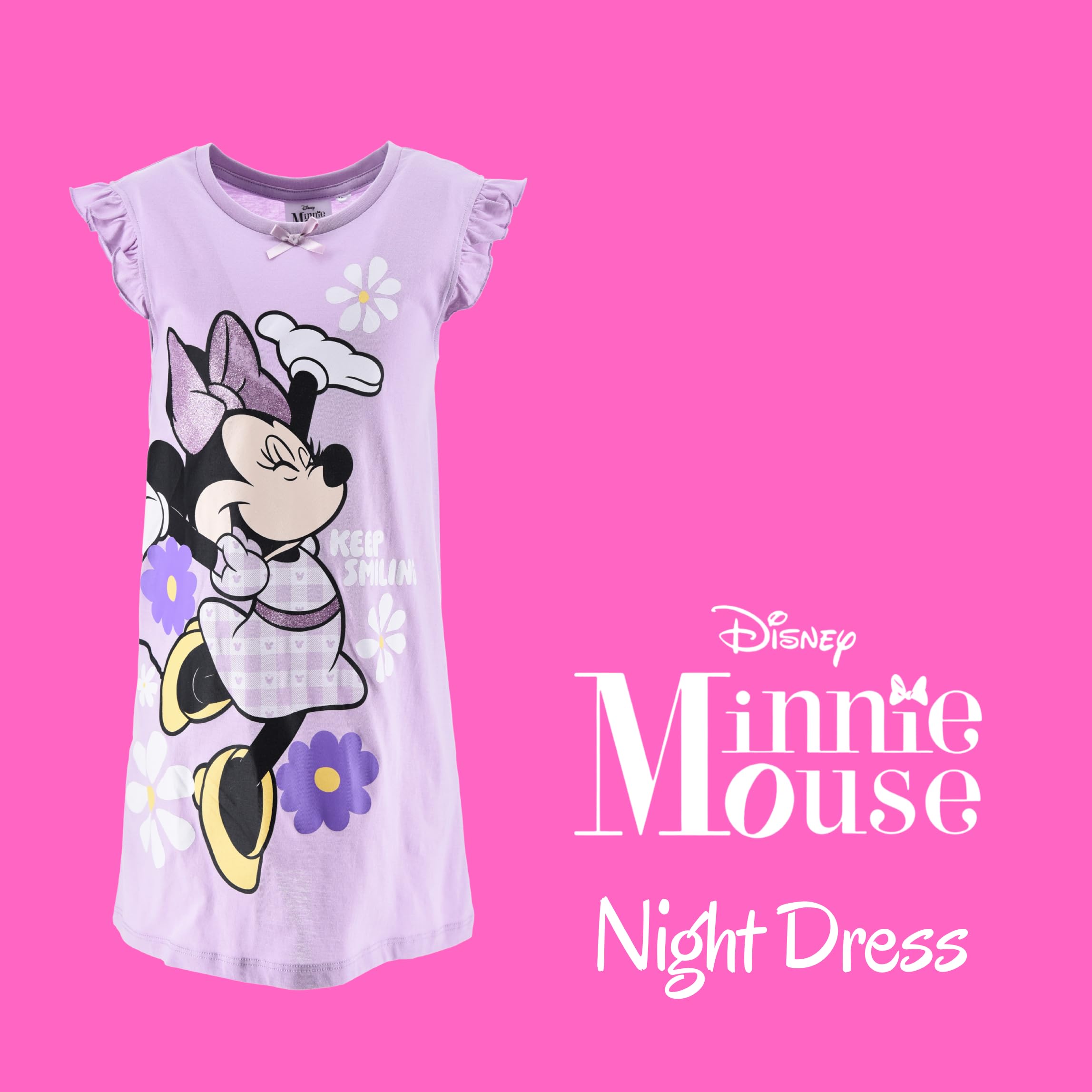 Disney Minnie Mouse Camison Algodon Suave Gingham Vestido Manga Corta para Niña Tallas 3-8 Años