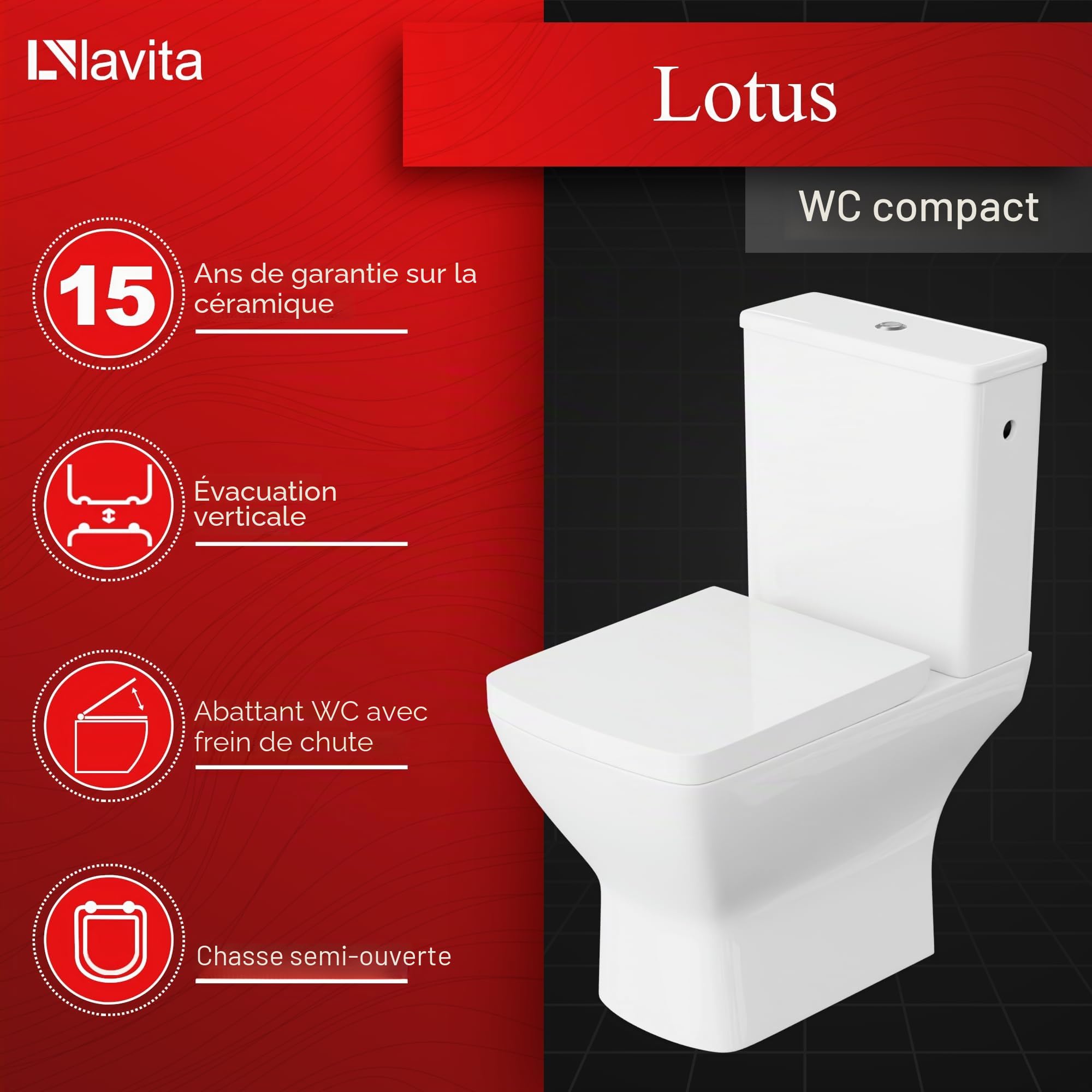 Lavita Toilette debout monobloc avec réservoir de chasse intégré LOTUS | Cuvette de WC en céramique sans rebord avec abattant à fermeture automatique Set de cuvette de toilette et de bac à urine
