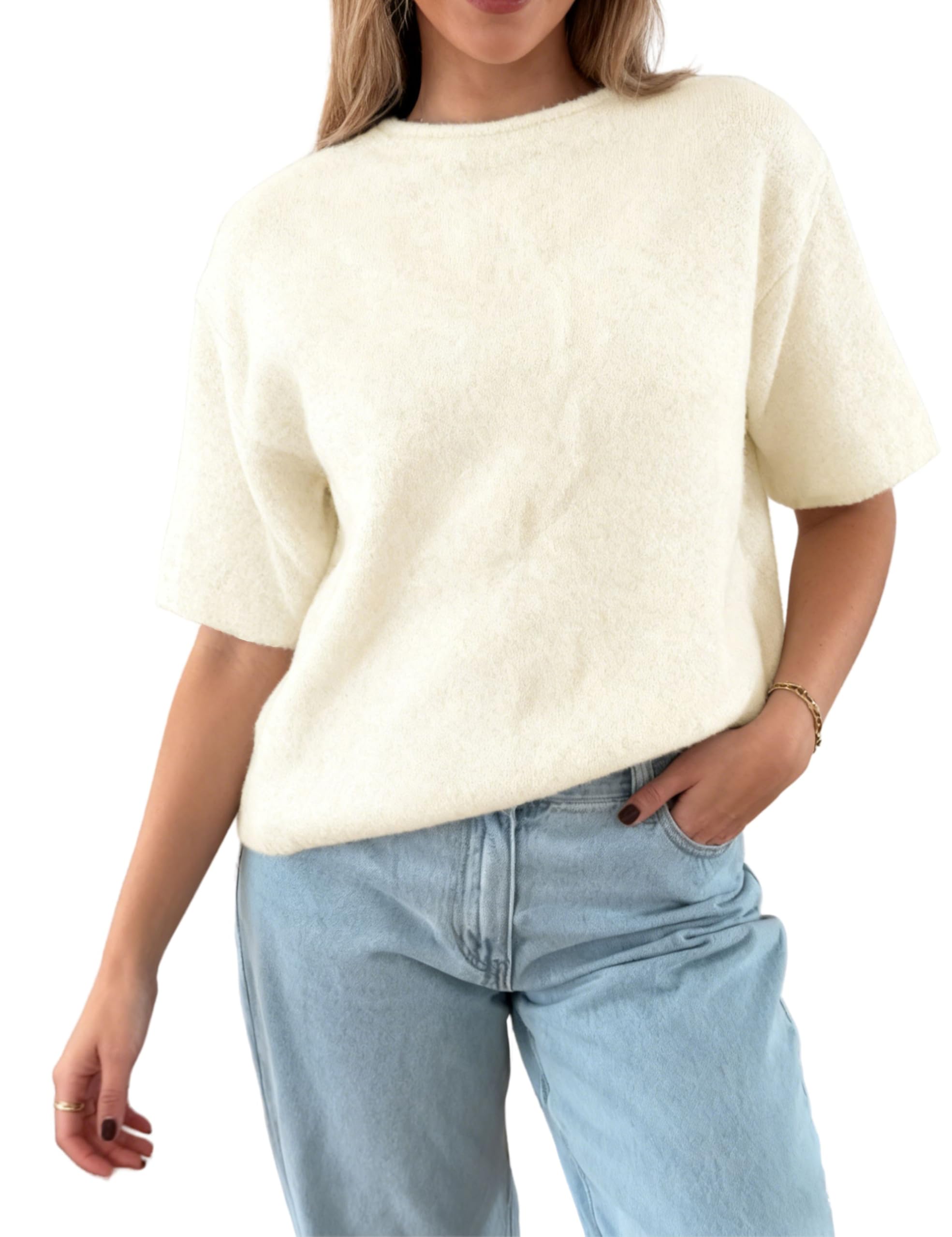 Womens Short Sleeve Sweater Round Neck Back Tie Knit Tops Casual Reversible Cardigan Sweater