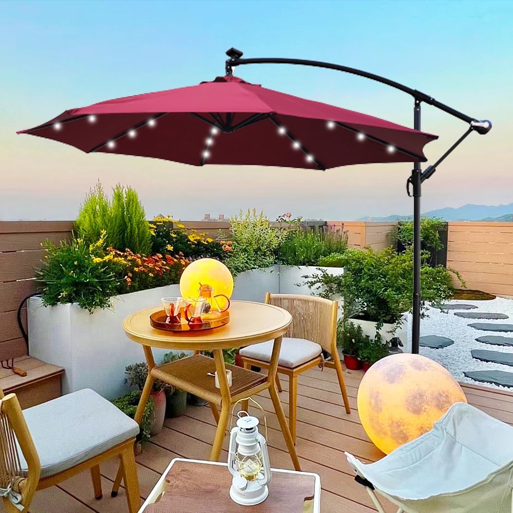 10FT Patio Umbrella, Outdoor Offset Umbrella with Cross Base and Crank, Cantilever Umbrella with Solar Lights, Hanging Market Umbrella with Sturdy 8 Rids for Pool, Deck, Backyard, Porch (Burgundy)