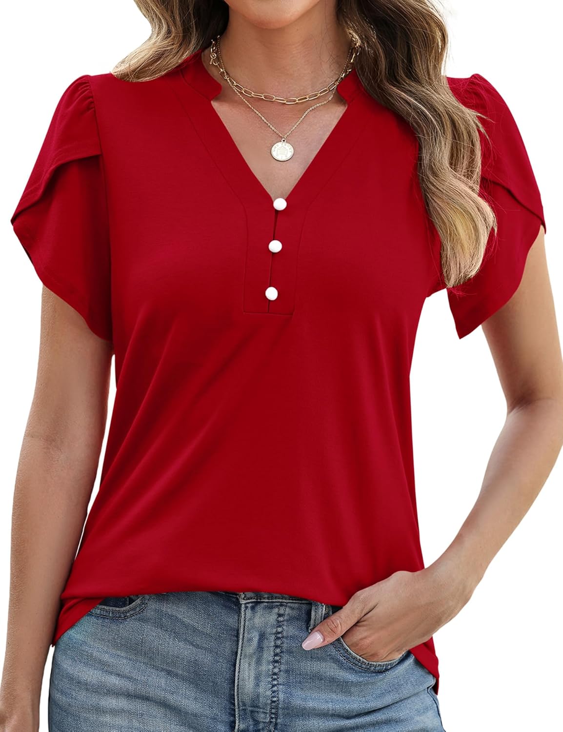 Rapbin Womens Spring Summer Petal Short Sleeve Tops V Neck Tunic Business Work Blouses Fashion 2026