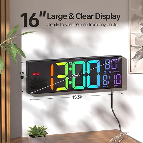 Miniatura 2 de JALL Reloj de pared digital grande de 16.2 pulgadas con segundos, sincronización Bluetooth, alarma LED grande, color RGB, temperatura DST para aula,