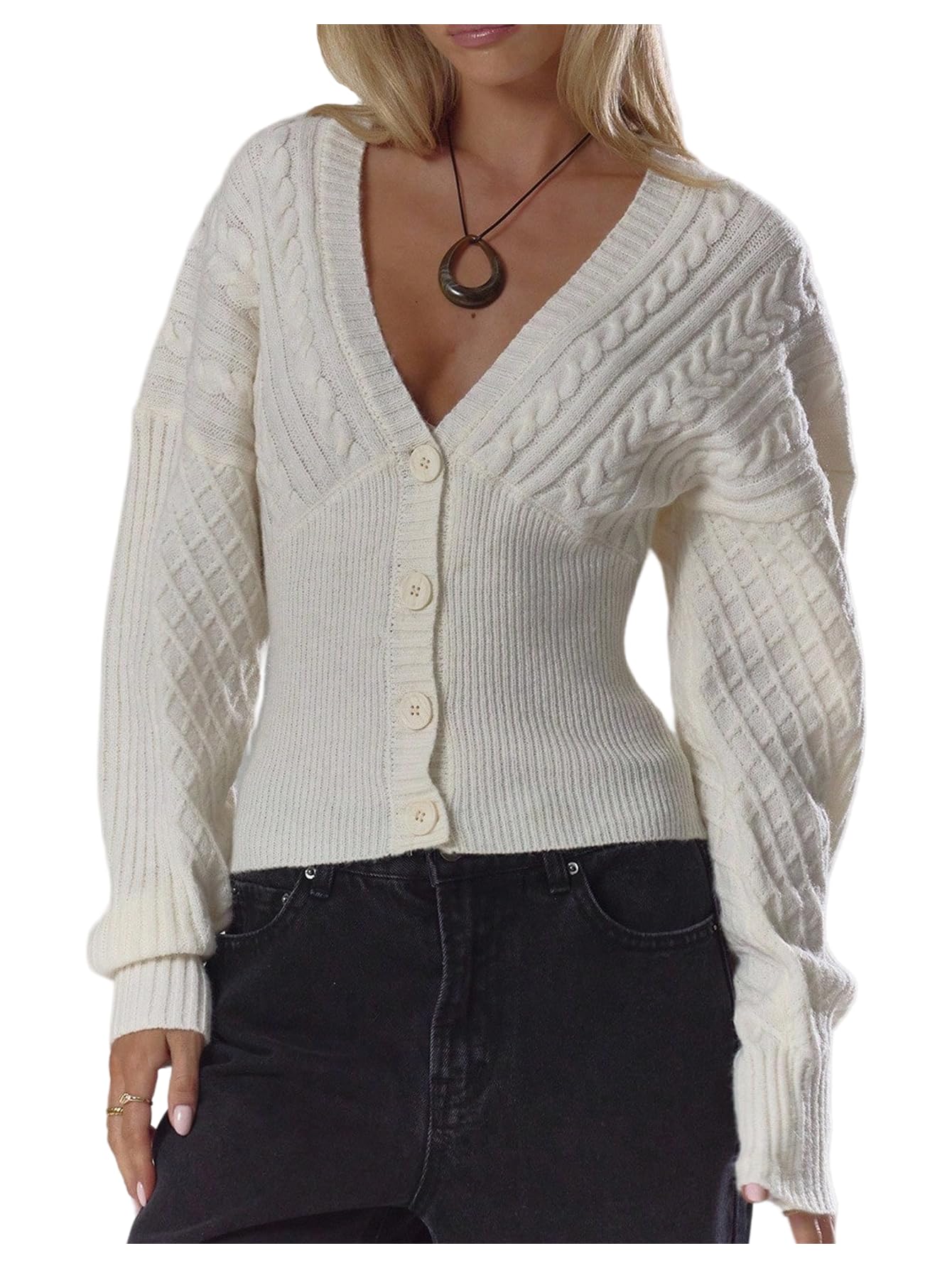 MakeMeChic Womens Cable Knit Cardigan Button Down Long Sleeve Old Money Sweater