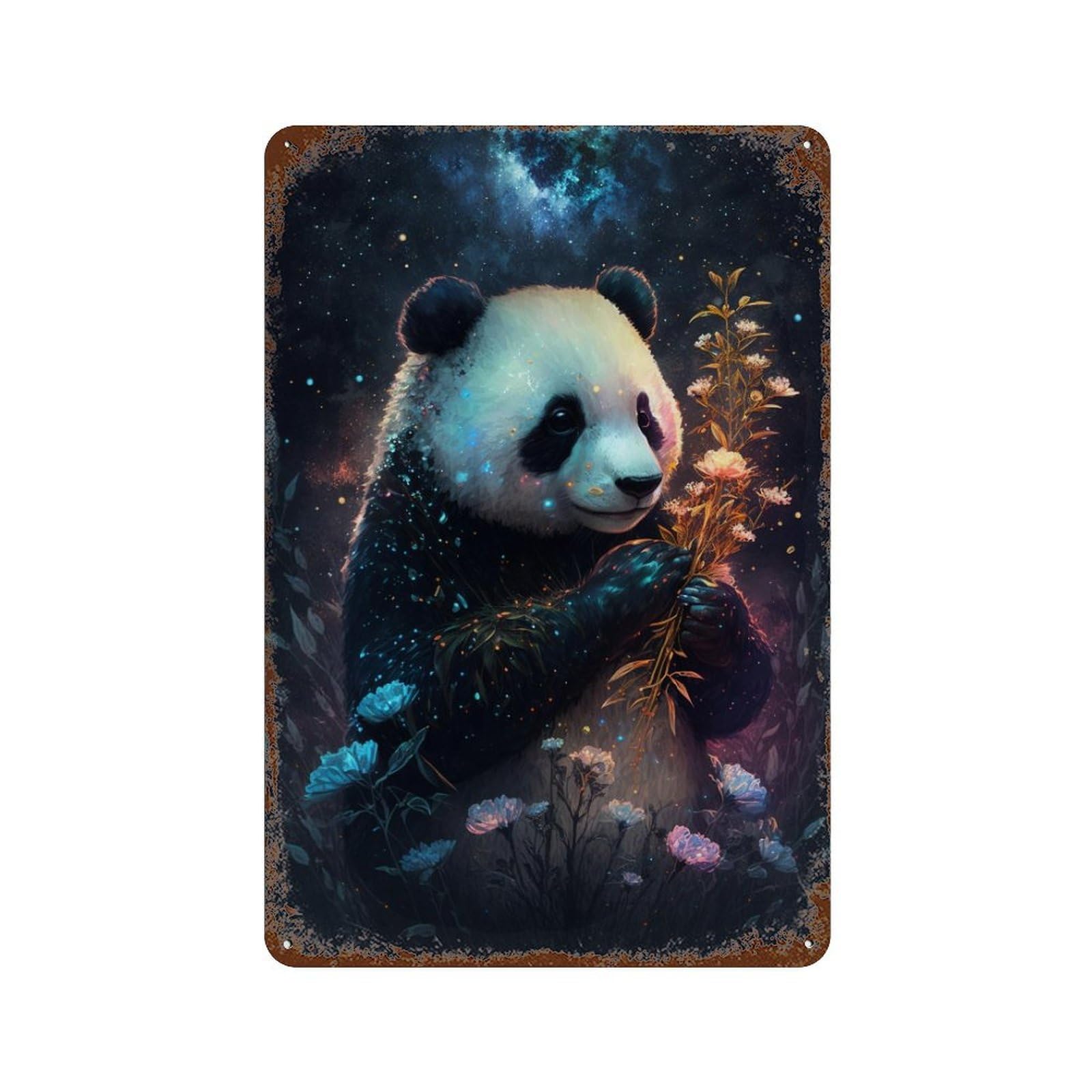 Decorative Tin Sign with Galactic Panda with Flowers Design 11.8"x7.9", for Farmhouse, Kitchen And Entryway Decor, Decorative Metal Wall Art