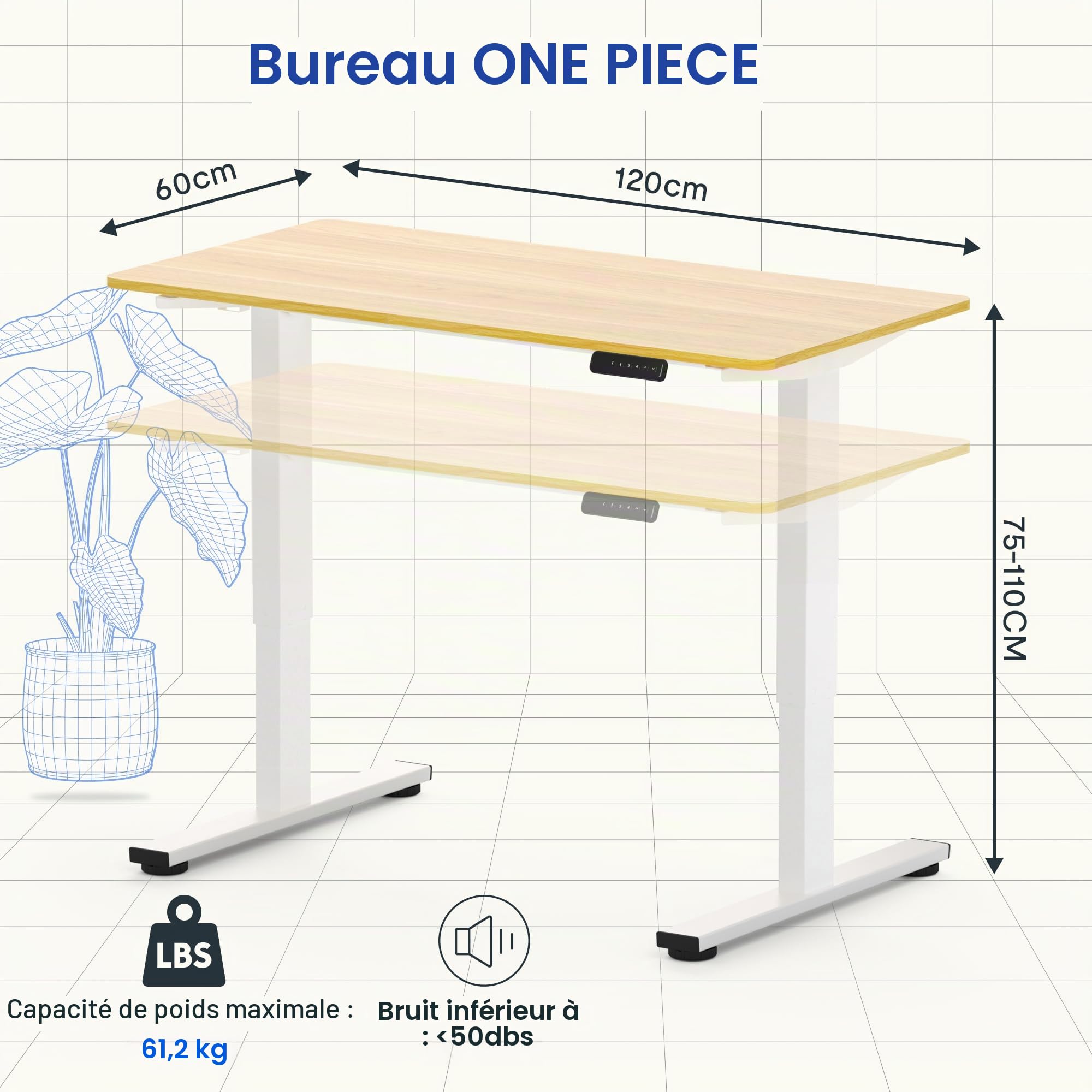 FLEXISPOT Bureau Assis Debout, Une Pièce Bureau Électrique Réglable en Hauteur, Fonction Mémoire 4 Hauteurs,pour Table, Télétravail, 120x60cm Érable
