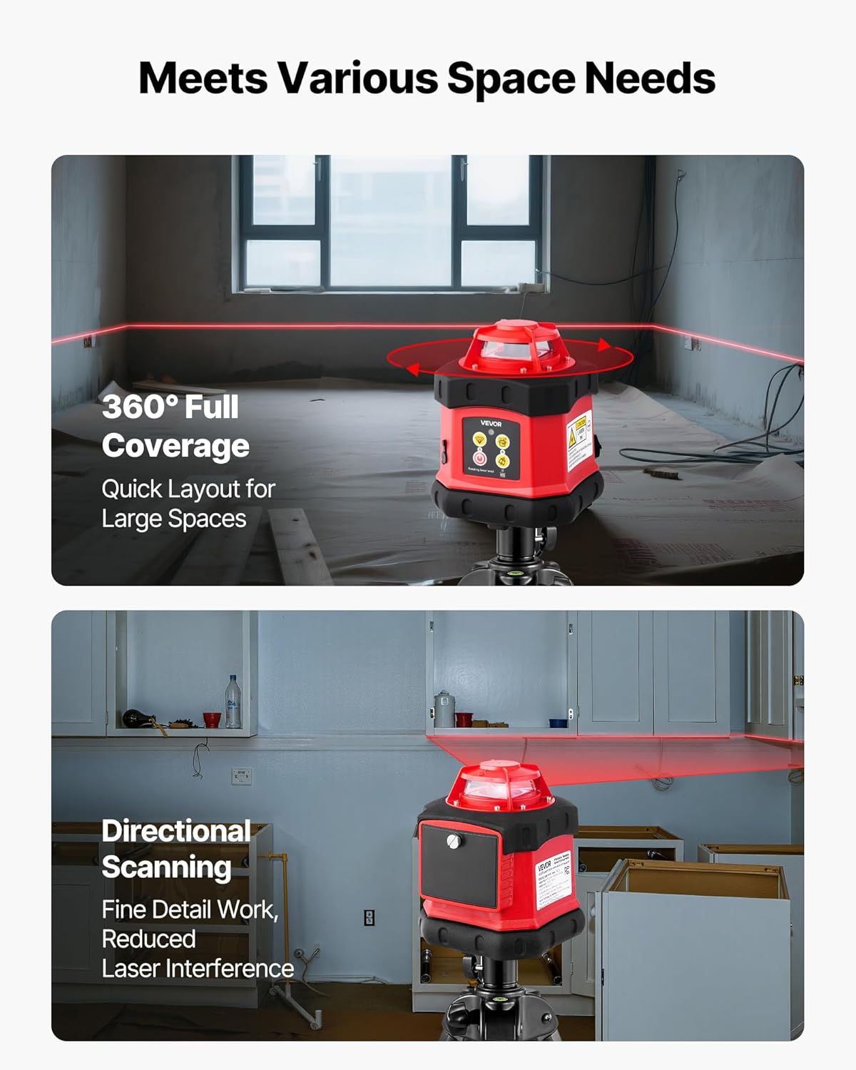 VEVOR Rotary Laser Level Kit, 984ft 360-Degree Self Leveling Red Horizontal Laser Transit,with Tripod,Receiver,Remote Control, Scale, Toolcase, IP54 Waterproof, 0.12in/100ft Precision for Construction
