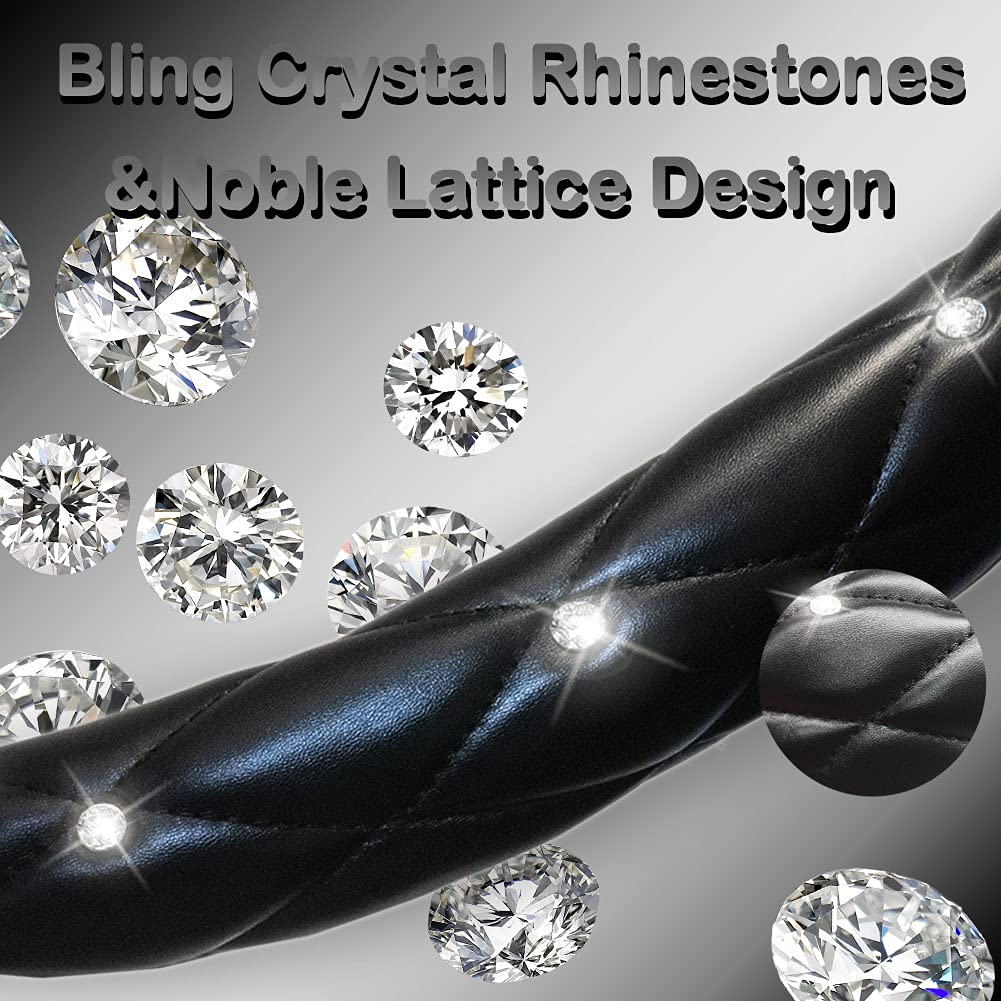 Xizopucy Diamond Leather Bling Steering Wheel Cover, Universal Car Steering Wheel Protector with Crystal Rhinestones Anti-Slip Soft Interior Accessories for Women and Girl Fit 15 inch -Black