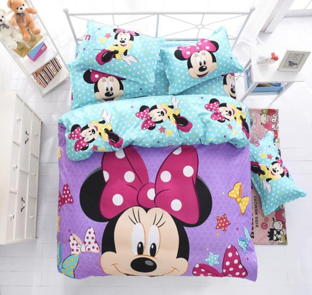 Soft Cartoon Pattern 4pc Duvet Cover Set Disney Minnie Bed Sheet Polyester Bedding Set Comforter Cover +Flat Sheet+Pillowcover
