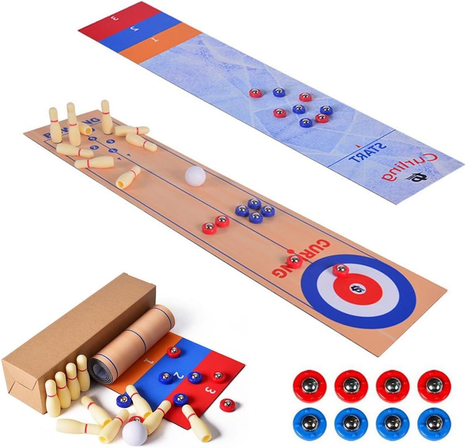 3 in 1 Tabletop Shuffleboard, Mini Curling and Bowling Game Set, Portable Family Game for Adults and Kids Indoors and Outdoors Table Top Games