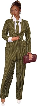 Pinstripe 2 Piece Pant Suits for Women Dressy Womens Suit with Tie