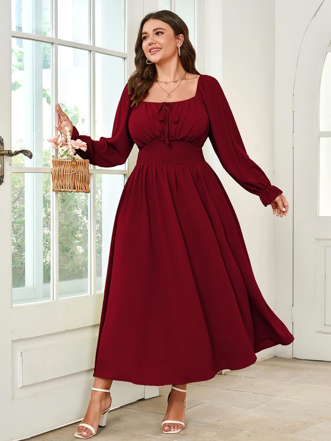 Women's Plus Size Dress Long Sleeve Smocked Dress Square Neck Tie Front Split A-Line Maxi Long Dresses - Image 6
