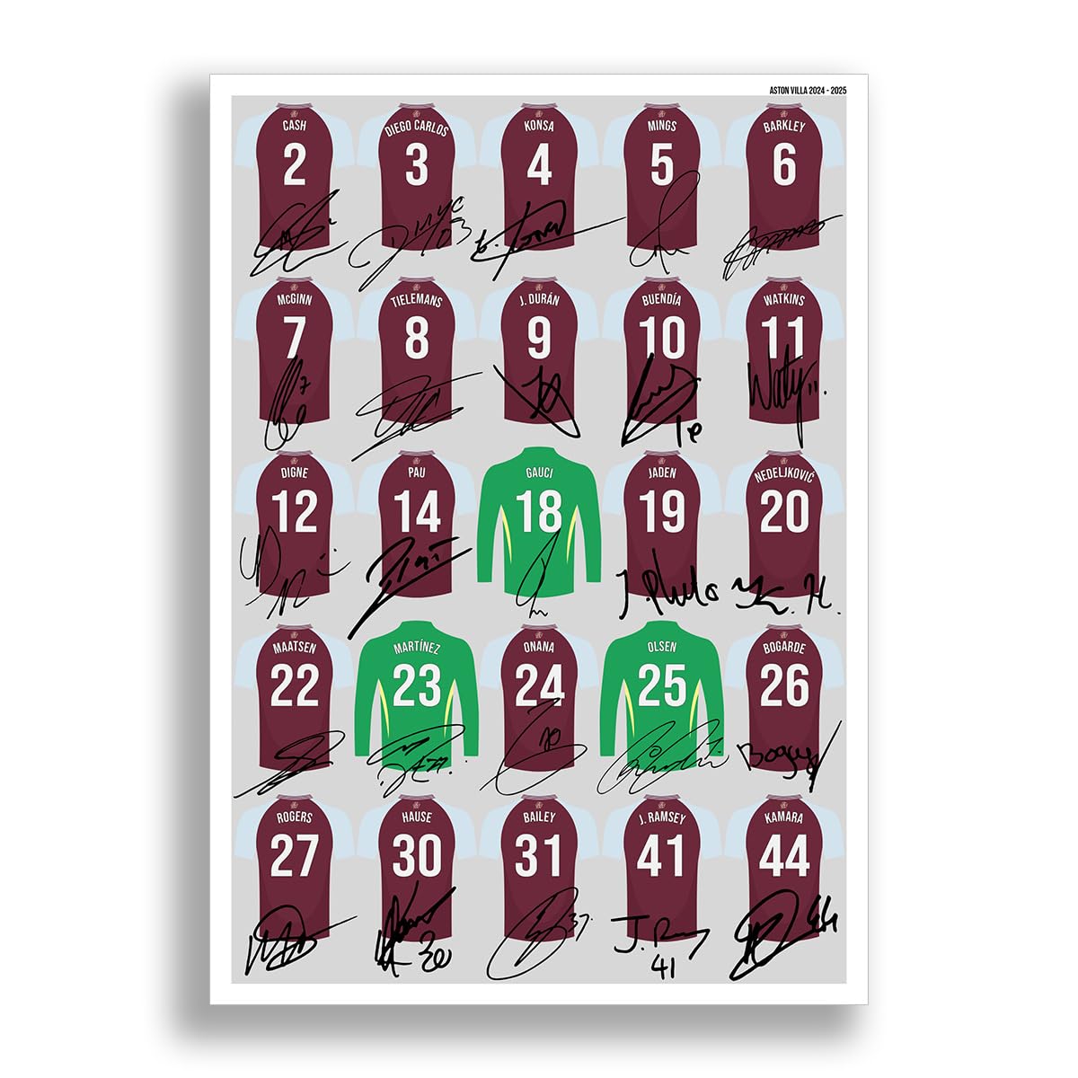 Mounted Gifts Trading Aston Villa team squad 2024-2025 Signed poster print framed picture photo autograph gift 24/25 Ollie Watkins John McGinn Tielemans (A3 poster only)
