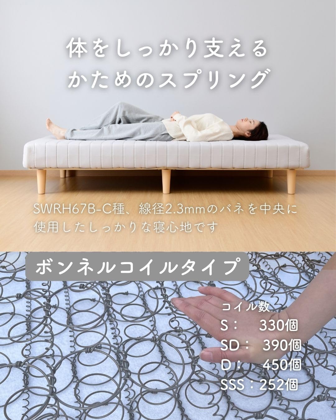 脚付きマットレス シングル　ライトグレー SAM-97195B(LGY) Amazon｜[山善] 脚付きマットレス シングル ボンネルコイル 330