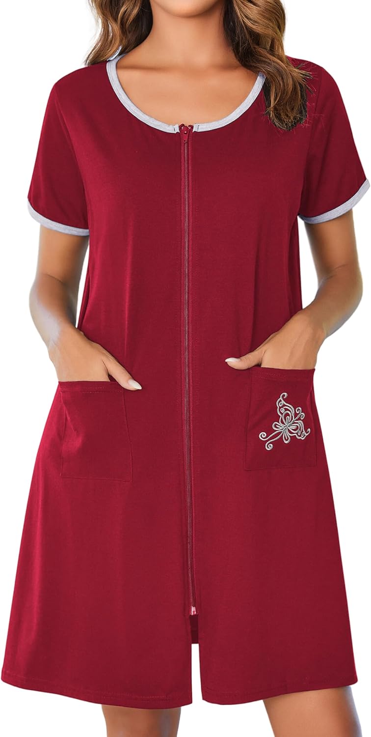 Ekouaer Zip Up Robes for Women Short Sleeves Zipper House Coat Short Bathrobes Lightweight Nightgown with Pockets S-3XL 3X-Large Wine Red