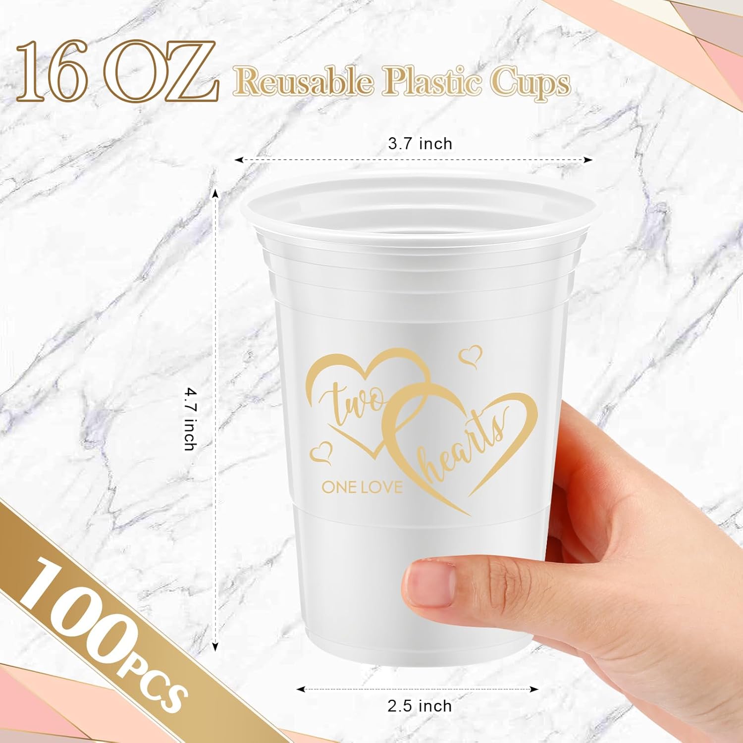 Layhit 100 Pcs Wedding Disposable Thick Plastic Cups 16 oz White Gold Two Hearts One Love Cups Decorations for Wedding Reception Bridal Shower Engagement Party Bachelorette Supplies in 2 Designs - Image 3