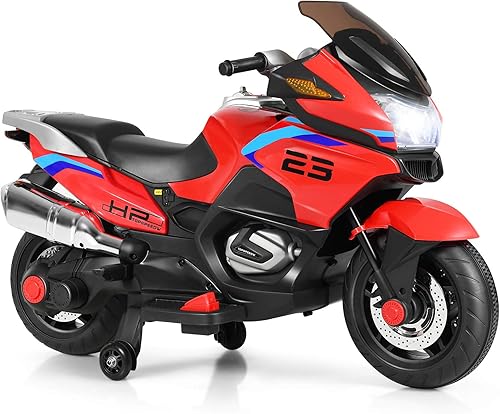 Costzon Bicicleta eléctrica de 12 V con ruedas de entrenamiento luces LED música pedal adelanteatrás regalo para niños y niñas rojo Negro, Rojo,