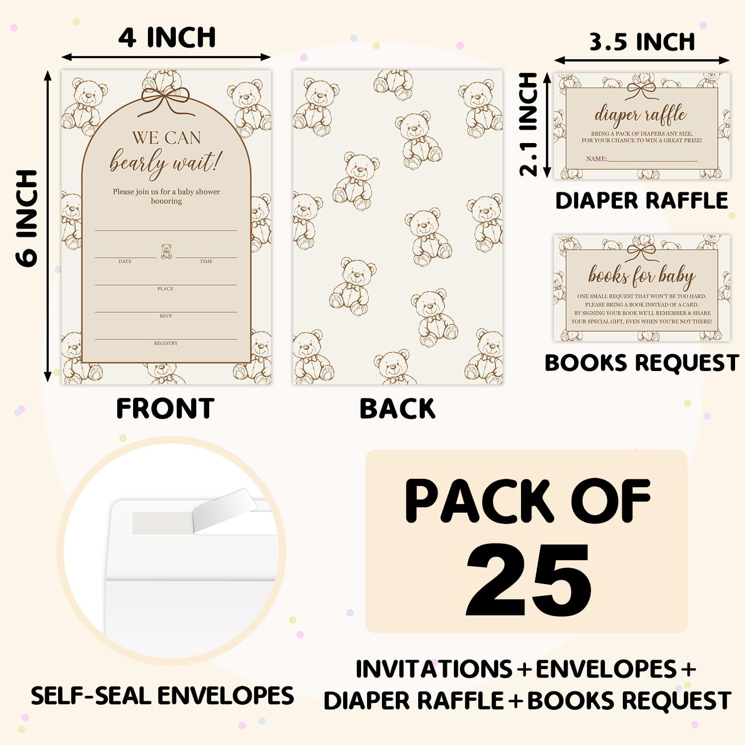 Baby Shower Invitations, We Can Bearly Wait Baby Shower Invites for Boys Girls, Gender Reveal Invitations, 25 Sets Invitation Cards with Envelopes, Diaper Raffle Tickets & Book Request Cards - 05