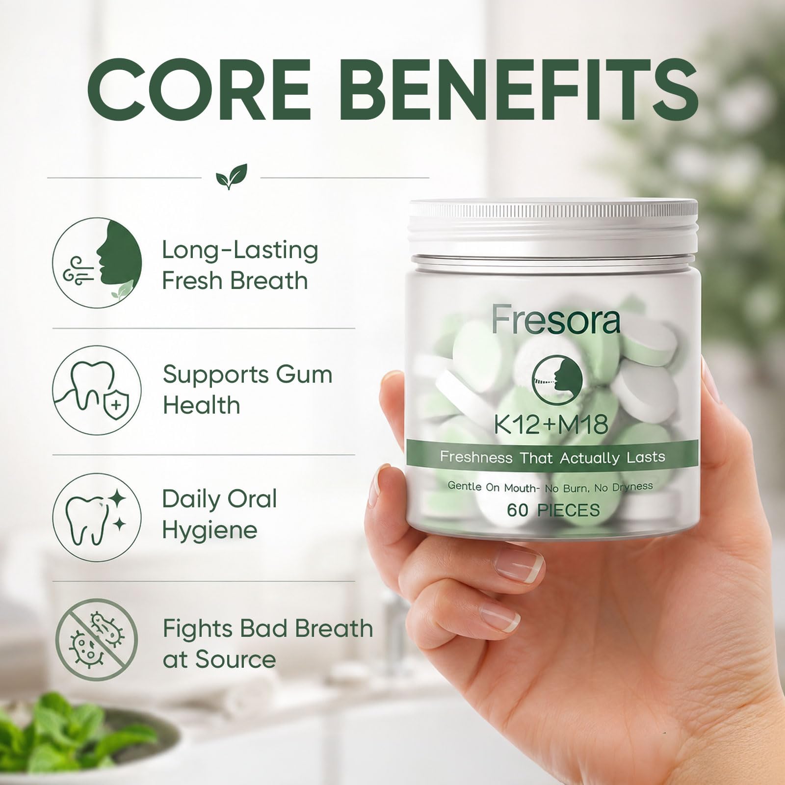 Oral Probiotics, with K12 & M18, Oral Probiotics for Mouth Bad Breath for Adults, Sugar-Free Mint Lozenges for Oral Microbiome Balance, Defends Against Bad Breath & Dental Problems, 60 Count — Amazon image 2