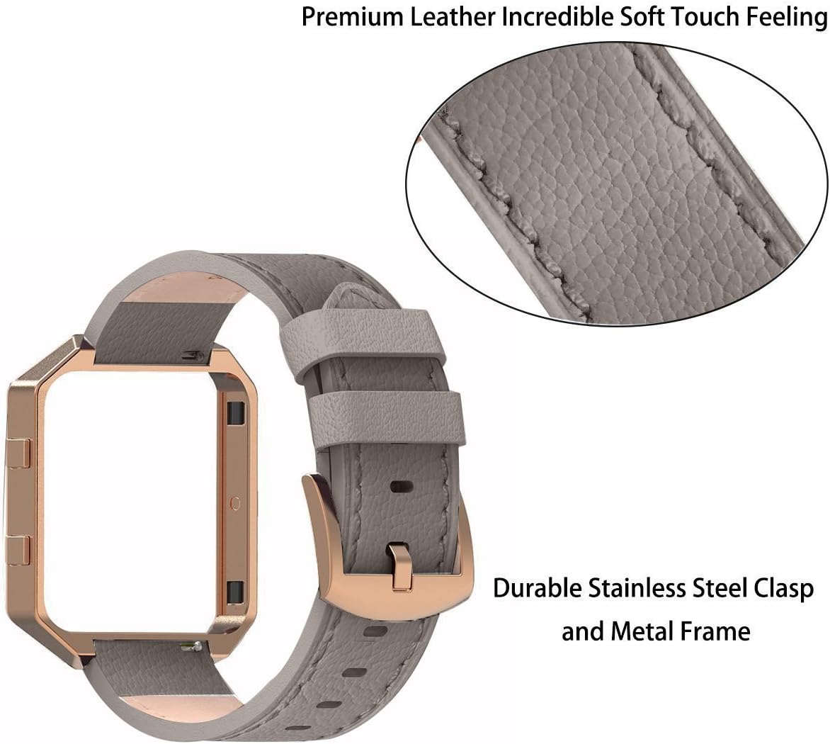 Andyou for Fitbit Blaze Bands Leather with Frame Small Large (5"-8.2"), Genuine Leather Replacement Band with Silver/Rose Gold/Black Metal Frame for Fitbit Blaze Women Men, Black, Brown, White, Gray.