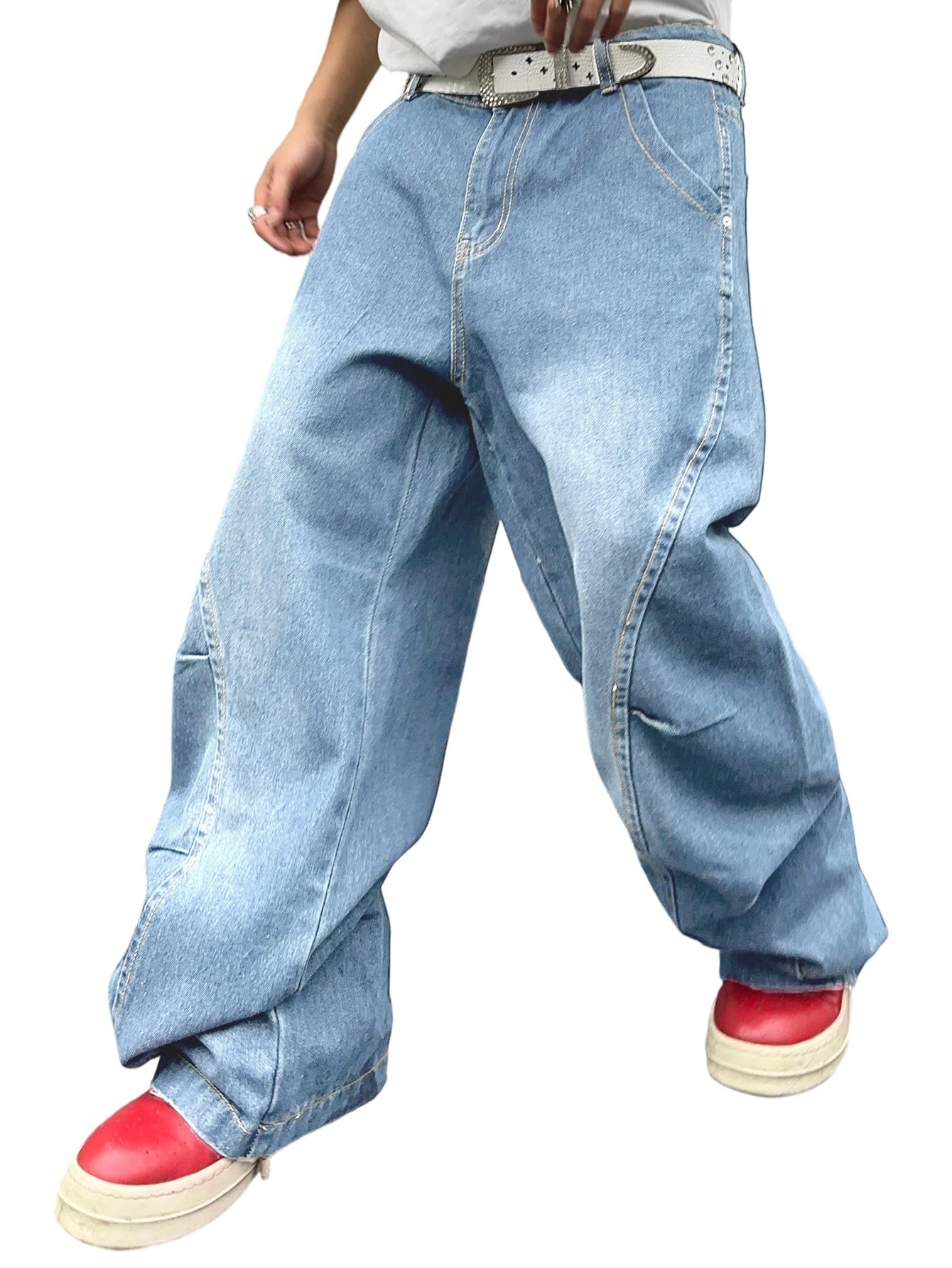 DFGIGT Men's Irregular Sutures Y2k Hip Hop Baggy Jeans Wide Leg Denim Pants Casual Loose Fit Trousers Streetwear