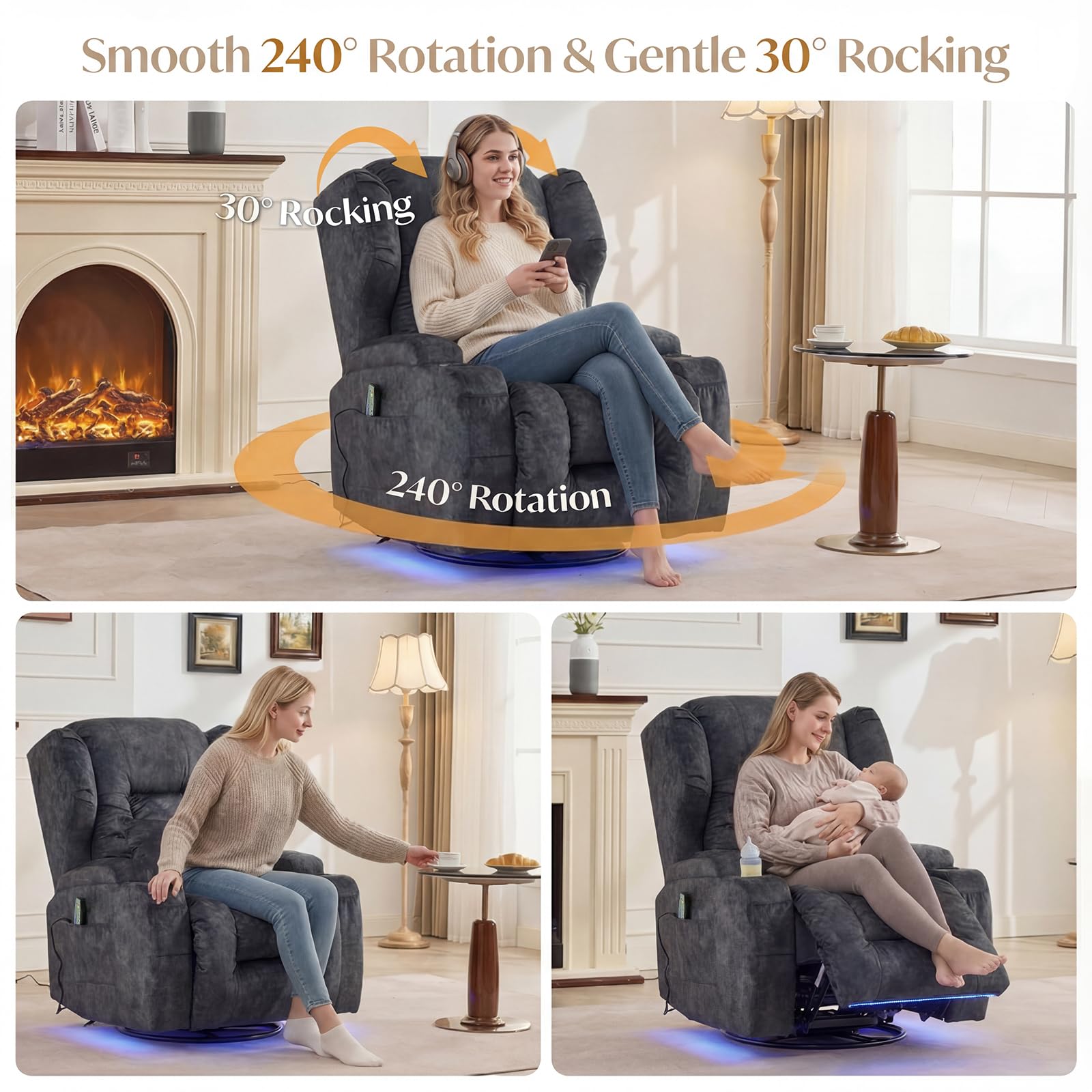 SAMERY Doppelmotor Fernsehsessel Elektrisch Verstellbar, Samt Relaxsessel mit Liegefunktion, 240° Drehbar, 30° Wippbar, Massage Heizung, USB/USB-C/LED – Kinosessel TV Sessel Sofa Chair für Wohnzimme
