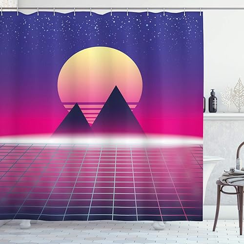 Lunarable Disco Shower Curtain, Synthwave Theme of Pyramids Landscape, Cloth Fabric Bathroom Decor Set with Hooks, 69" W x 70" L, Multicolor